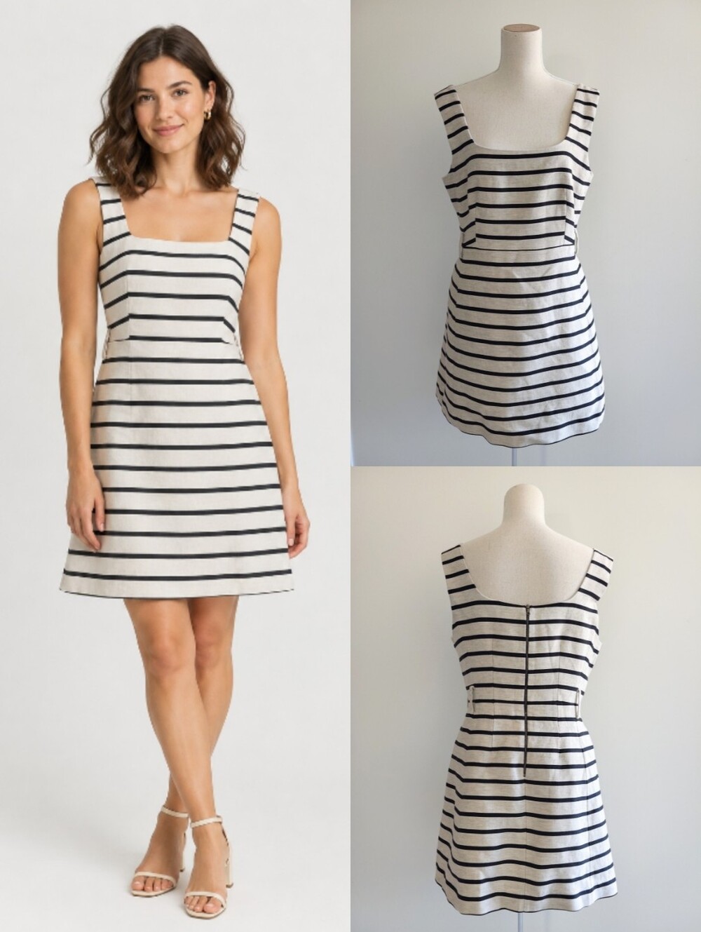 Judith & Charles Striped Square Neck Cotton Linen Mini Dress Black & Cream